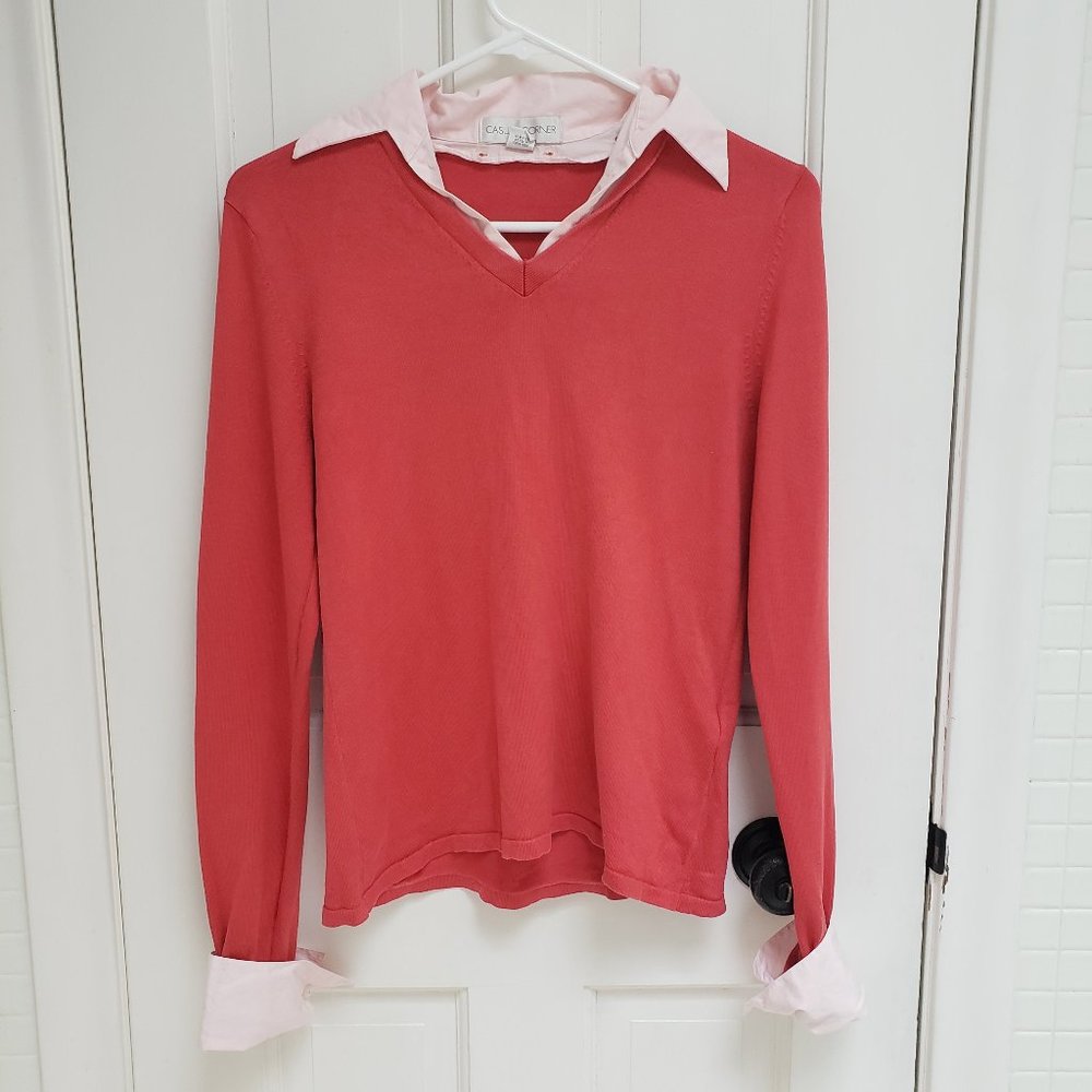 Casual Corner Coral Knit Work Blouse Size S Removable Collar & Cuffs